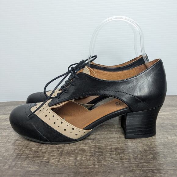 Miz Mooz Fleur Oxford Heel Shoes Size 8 Black Beige - Picture 3 of 12